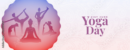 21st june yoga day white banner woman doing different yoga posture