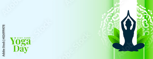 21st june world yoga day banner with green leaves