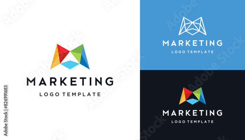 Initial Letter M Low Poly Colorful with North Arrow Cursor Negative Space Logo Design