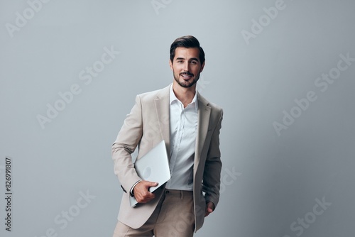 smiling man job suit copyspace laptop young business freelancer internet computer