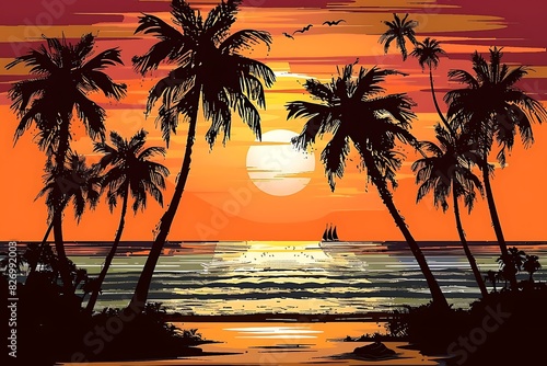sunset at exotic tropical beach with palm trees and sea