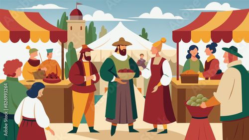 A market square filled with vendors dressed in Renaissance clothing selling their wares and haggling with customers.. Vector illustration