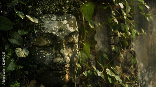 Ancient Buddha Statue in Remote Temple, Overgrown with Vines and Moss: A Testament to Enduring