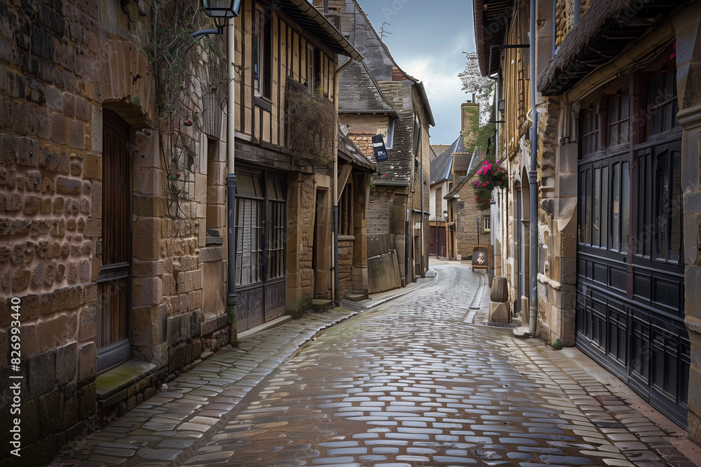 Fototapeta premium Charming cobblestone street in medieval European town.
