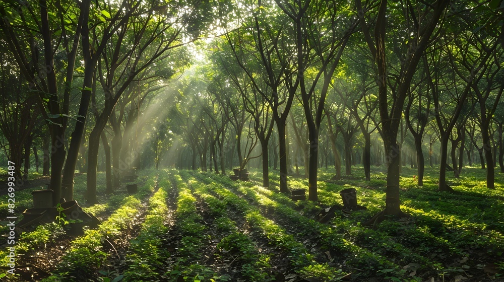Obraz premium Luminous Rubber Plantation: Sunlight Filtered through Rows of Latex-Dripping Trees