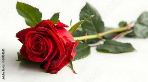 Single Red Rose with Green Leaves on White Background  A single red rose with lush green leaves  beautifully showcased on a white background. This vibrant flower symbolizes romance  love  and elegance