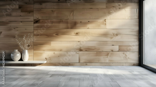 Modern Minimalistic Interior with Wooden Wall and Vases, Modern minimalistic interior featuring a wooden wall and elegant vases. Natural light streams in