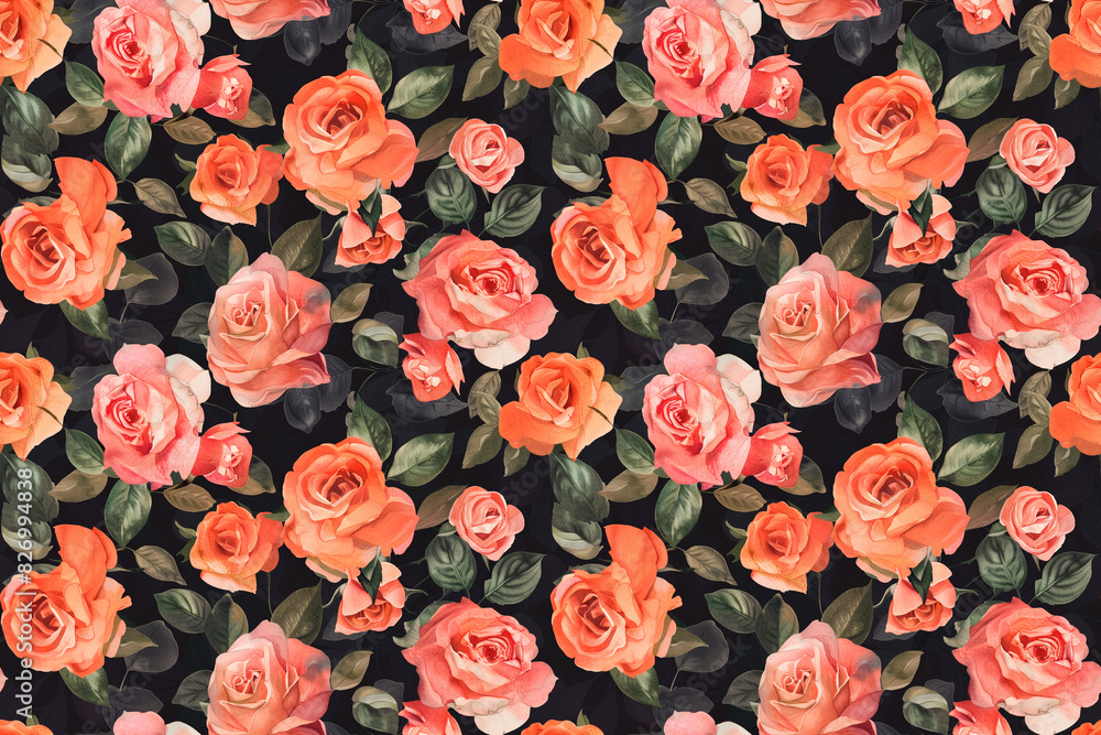 A black and orange floral pattern with roses and leaves A black and orange floral pattern with roses and leaves