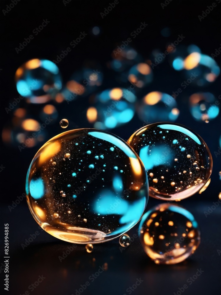 glowing oil bubbles in dark background glowing oil bubbles in dark background