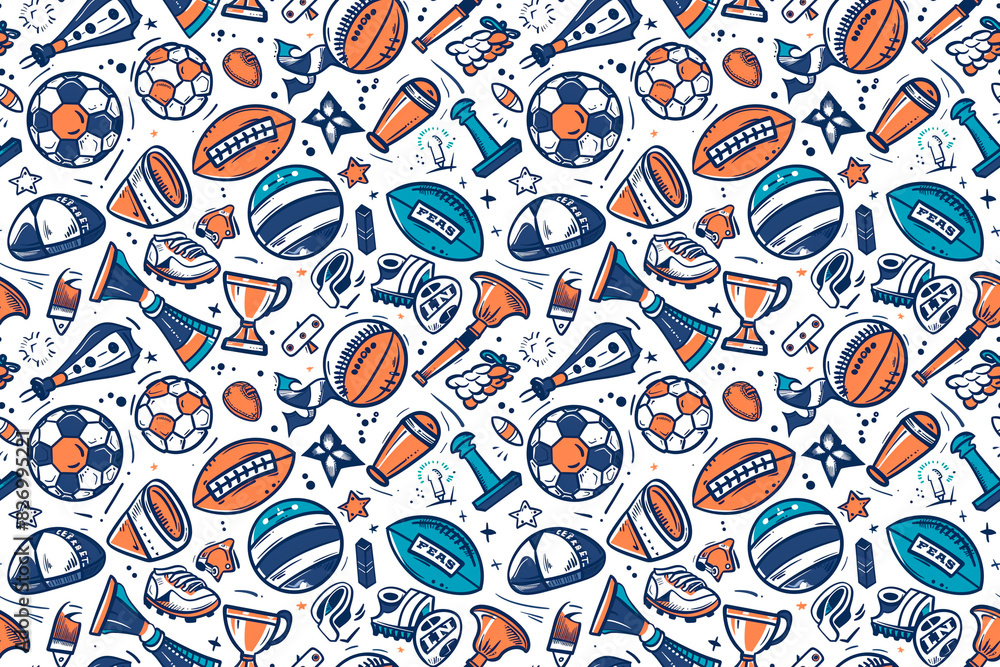 A pattern of sports balls and other objects A pattern of sports balls and other objects