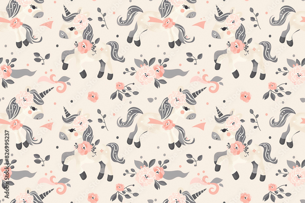 A pattern of unicorns and flowers on a white background A pattern of unicorns and flowers on a white background