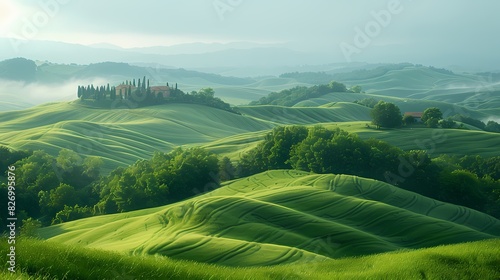 peaceful countryside with rolling fields in soft liquid hues © ZEROTWO9696