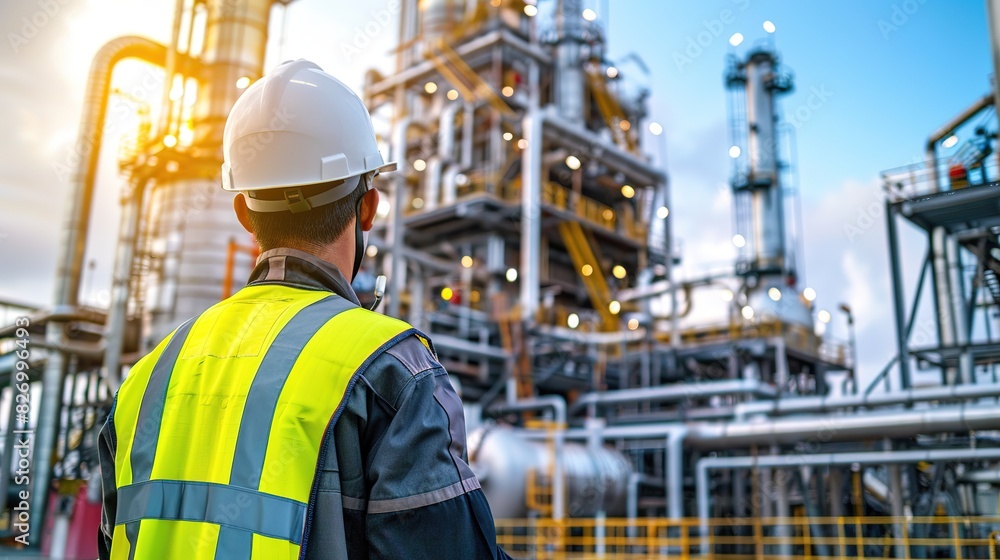 Workers in safety gear operating machinery at an oil refinery Workers in safety gear operating machinery at an oil refinery