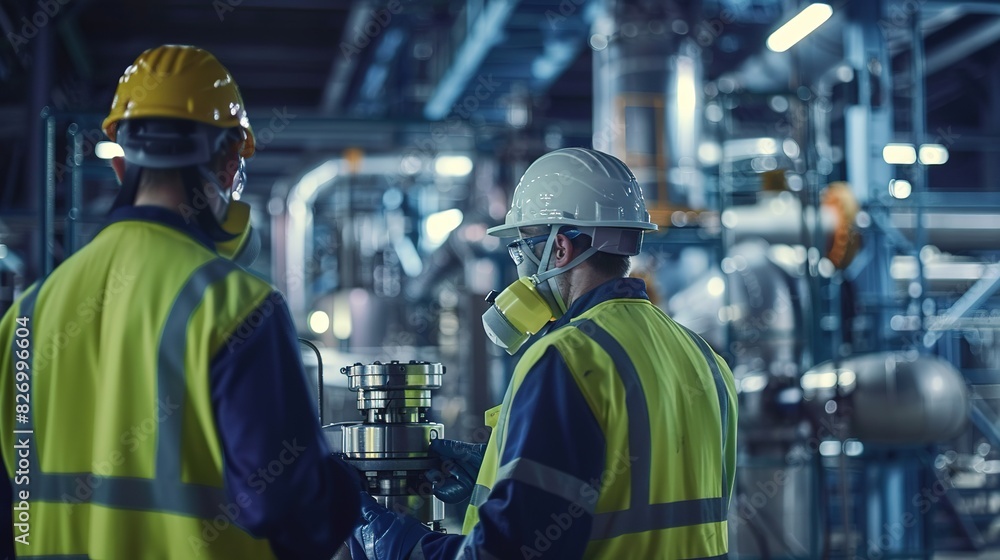 Workers in safety gear operating machinery at an oil refinery Workers in safety gear operating machinery at an oil refinery