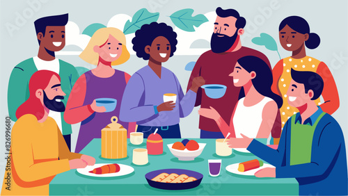 An array of tantalizing smells and flavors as individuals from all walks of life come together to enjoy the potluck community dinner.. Vector illustration