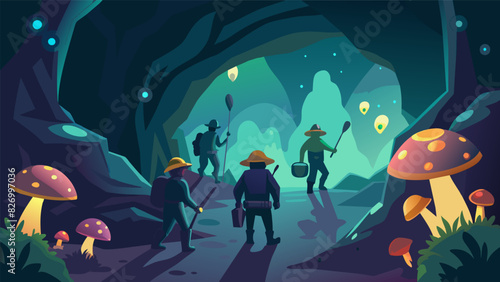 Explorers venturing through a subterranean cave system encountering glowing mushrooms and mysterious creatures in the depths.. Vector illustration