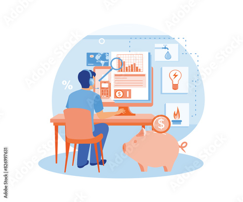 Man checking electricity bill on computer. Save money on savings. Utility bills concept. Flat vector illustration.