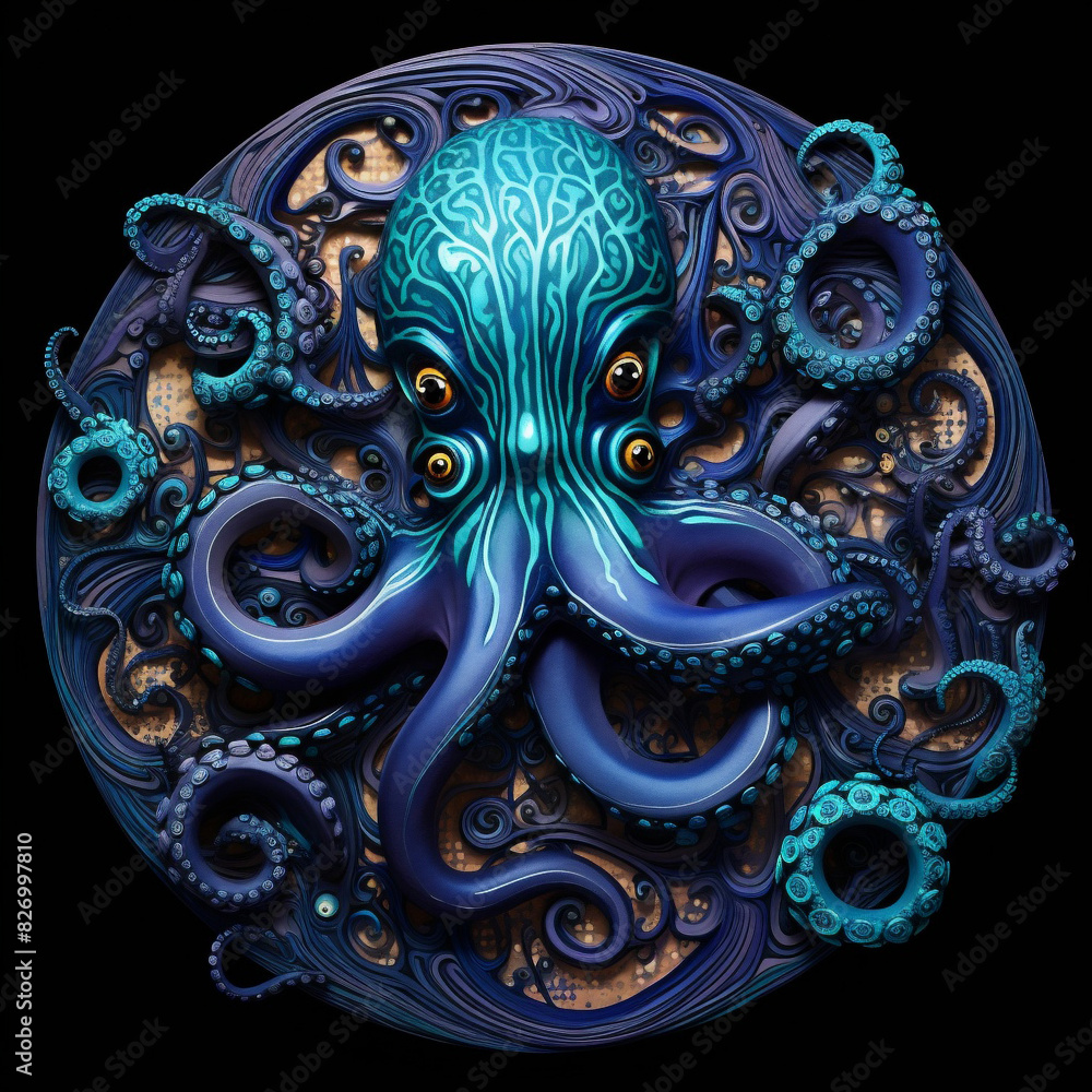 Bright Colorful Octopus on Dark Background. Blue Octopus on Dark Blue Background. Symbol of Sea Monster. International Octopus Day. Bright Colorful Octopus on Dark Background. Blue Octopus on Dark Blue Background. Symbol of Sea Monster. International Octopus Day.