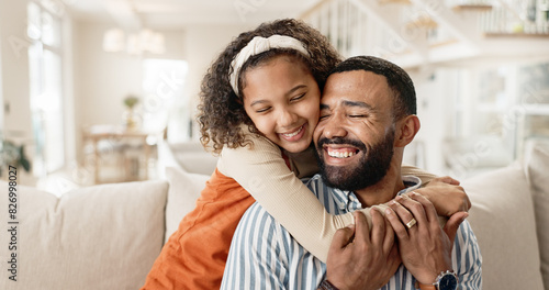 Father, child and happy hug in home or morning bonding in apartment for trust, love or connection. Man, daughter and embrace on living room sofa for safety comfort or parent cuddle, family or smile photo