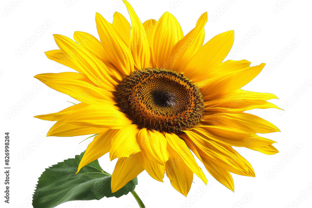 Fototapeta premium A yellow sunflower with a green leaf on top