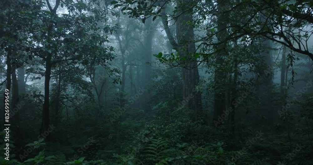 Rainforest with dense fog, lush greenery, serene and mysterious atmosphere Rainforest with dense fog, lush greenery, serene and mysterious atmosphere