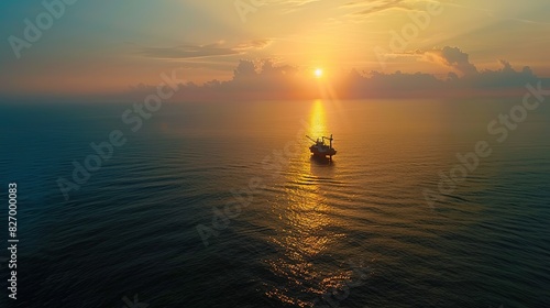 Aerial view of an offshore oil rig at sunset photo