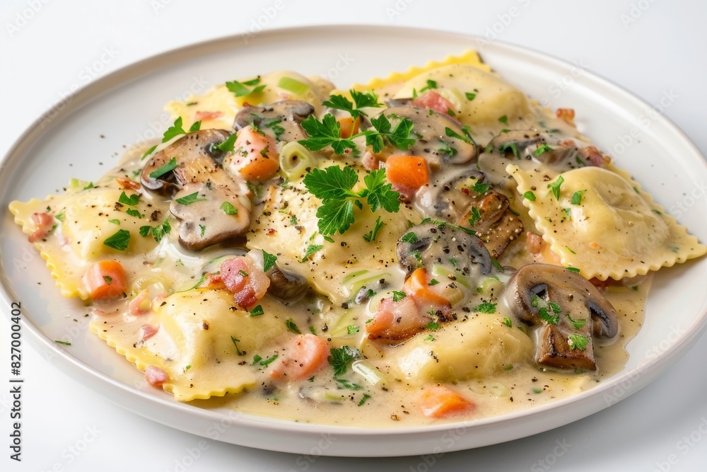 Bacon and Mushroom Ravioli in Creamy Basil Garlic Sauce Bacon and Mushroom Ravioli in Creamy Basil Garlic Sauce