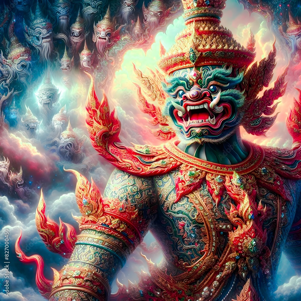 Naklejka premium Thai-style giant image of Thao Wesuwan wearing sacred robes. Expressing ferocity and fearsomeness The background should be reminiscent of the heavenly kingdom. It adds to the essence of the mythical s