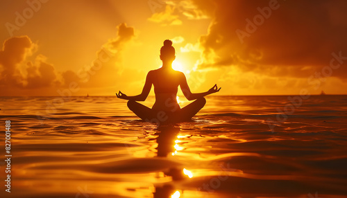 Woman meditating in the ocean at sunset, surrounded by nature and feeling happy