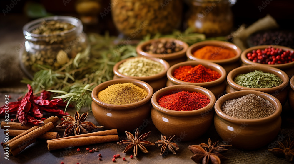 Spice and seasoning in cup on background with text space, photo shot, top view, natural light day Spice and seasoning in cup on background with text space, photo shot, top view, natural light day
