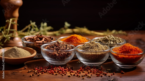 Spice and seasoning in cup on background with text space, photo shot, top view, natural light day