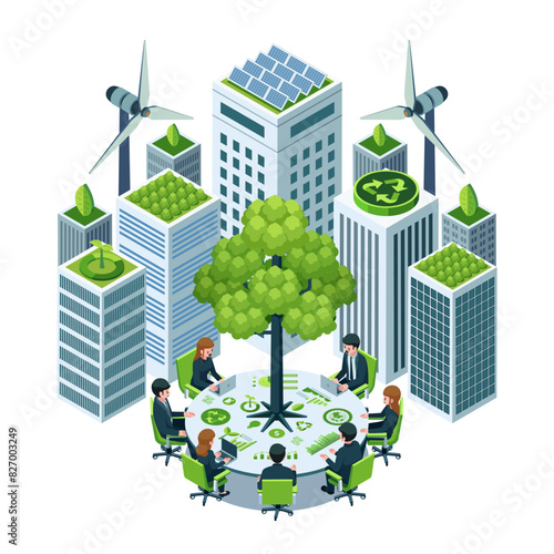 Isometric Sustainable Business Meeting Surrounded by Eco-Friendly Urban Buildings