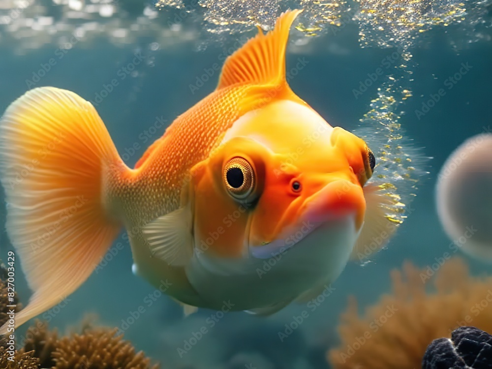 A goldfish swims in the blue water of the sea A goldfish swims in the blue water of the sea