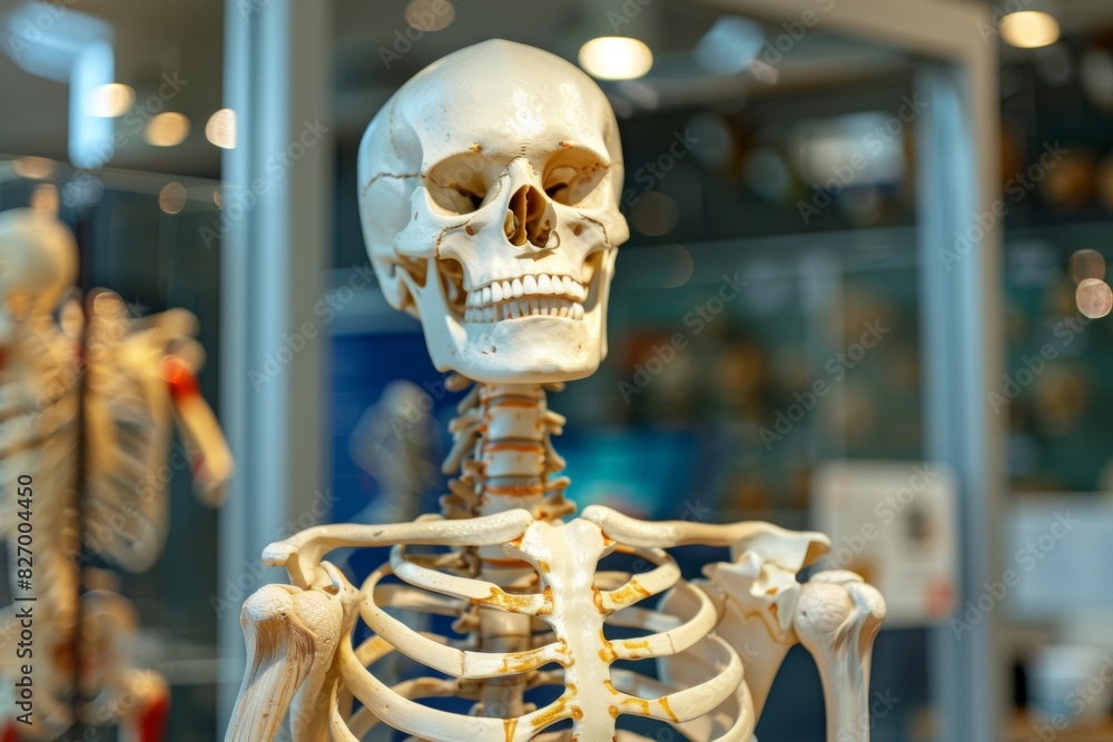 Detailed skeleton model with emphasis on joints. Major joints such as shoulder, elbow, wrist, hip, knee, and ankle are highlighted to show anatomical structure and connections. Detailed skeleton model with emphasis on joints. Major joints such as shoulder, elbow, wrist, hip, knee, and ankle are highlighted to show anatomical structure and connections.