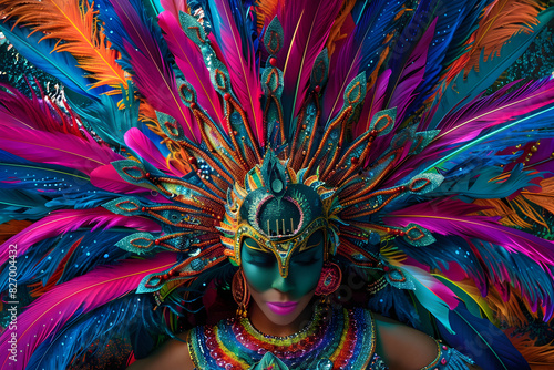 Vibrant Carnival Costume with Dazzling Sequins, Colorful Feathers, and Intricate Beadwork