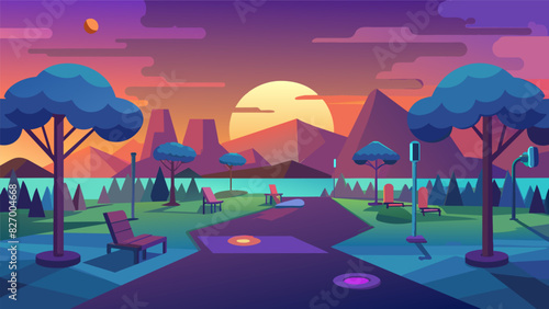 As the sun sets in the virtual world a tranquil park is lit up with colourful lights for a community fitness event where VR users can unwind and. Vector illustration