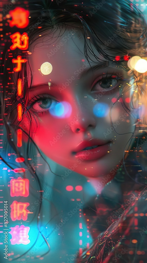 Close-up of a digital portrait of a woman with neon lights, showcasing a futuristic and cyberpunk aesthetic.