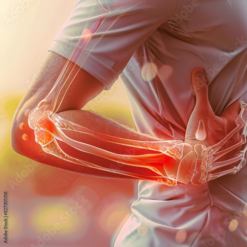Close-up of a person's arm with highlighted bones and muscles, symbolizing elbow pain, joint inflammation, or physical injury. photo