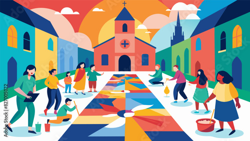 The church courtyard is transformed into a colorful canvas as members of all ages come together to share their talents and express their faith through. Vector illustration