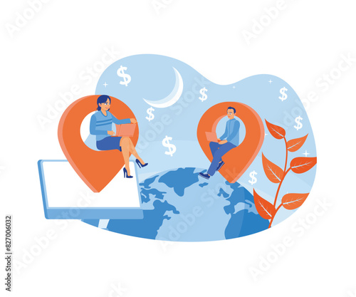 Entrepreneurs promote work on social media. Working in an outsourcing company. Outsourcing concept. Flat vector illustration.