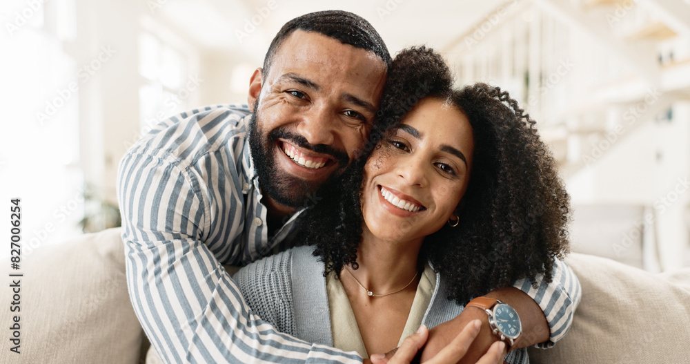 Couple, portrait and hug with love on couch for date night or weekend break, romance and happy with embrace or commitment. Man, woman and bonding on sofa in new apartment or home, affection and care. Couple, portrait and hug with love on couch for date night or weekend break, romance and happy with embrace or commitment. Man, woman and bonding on sofa in new apartment or home, affection and care.