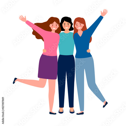 Happy smiling cheerful girls group. Friendly female friends hugging, embracing together. Girlfriends, besties unity.