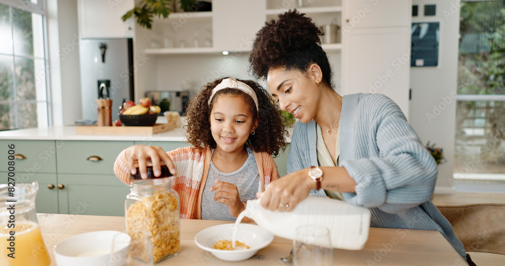 Mother, child and breakfast cereal in morning for healthy nutrition with calcium milk, preparing or home. Woman, daughter and growth development in kitchen for wellness fiber or snack, hungry or food Mother, child and breakfast cereal in morning for healthy nutrition with calcium milk, preparing or home. Woman, daughter and growth development in kitchen for wellness fiber or snack, hungry or food