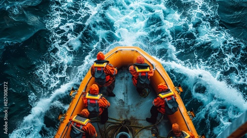 Maritime Safety and Training: Depict a maritime safety training session with crew members practicing emergency procedures, lifeboat drills, and the use of safety equipment. photo