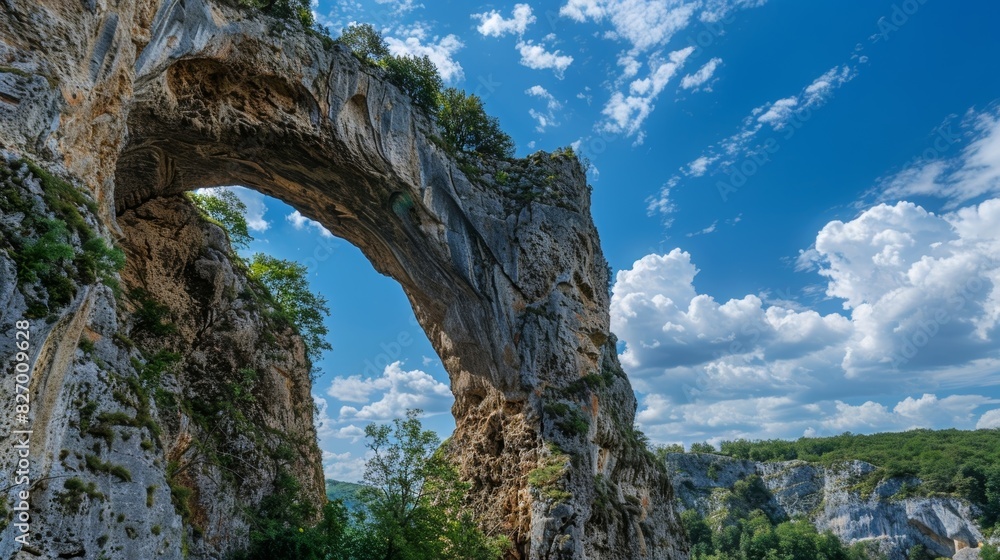 The grandeur of nature on full display as a natural archway stands tall against a bright blue sky.