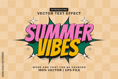 Editable text effect Summer Vibes 3d Cartoon template style premium vector