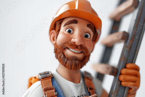 Cute Cartoon Worker Wearing a Yellow Safety Helmet with a Ladder in His Hands extreme closeup. Generative AI