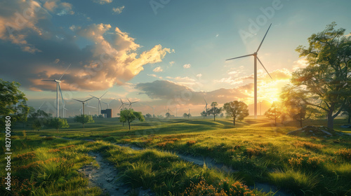 Wind turbines stand in a lush, green rural landscape with a pathway leading through, under a beautiful sunrise. photo