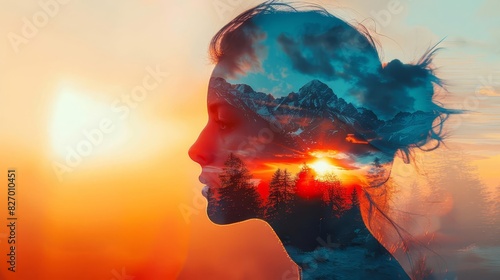 Generate a high-quality, detailed, surreal image of a woman's face and torso in profile, with a beautiful sunset in her head, and the mountains in her hair