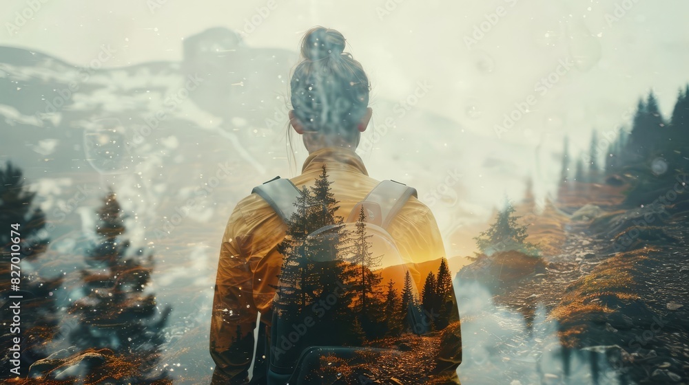 Fototapeta premium Capture the essence of a woman standing in the rain, with a beautiful landscape of mountains and trees in the background
